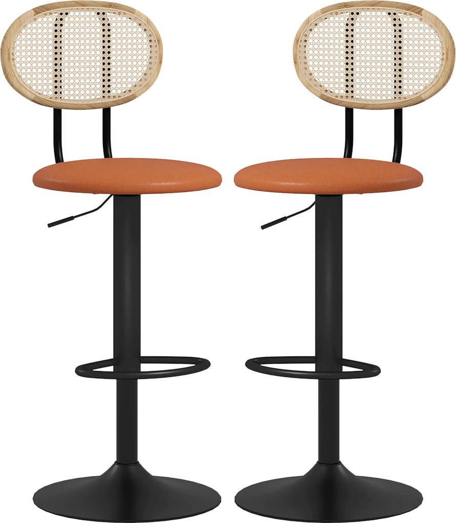 Conjunto de 2 bancos de bar com altura ajustável 40,5 x 52 x 92-113,5 cm, encosto em rattan e apoio para os pés, castanho