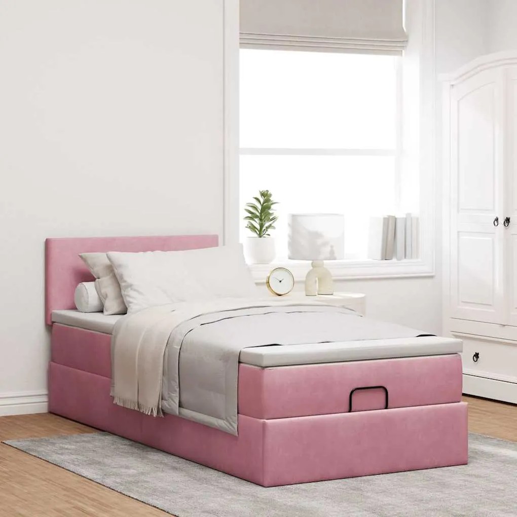 Estrutura de cama otomana com colchão rosa 90x200cm veludo
