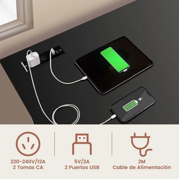 Secretária em forma de L com tomadas eléctricas e portas USB Secretária de canto de 120 cm com estantes Estação de trabalho multifunções Preta