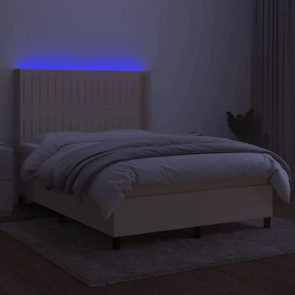 Cama box spring c/ colchão e LED 140x190 cm tecido cor creme