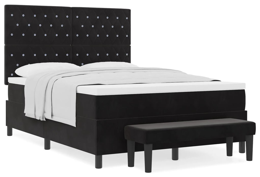 Cama Box com Colchão e Banco Preto 140x200 cm Veludo
