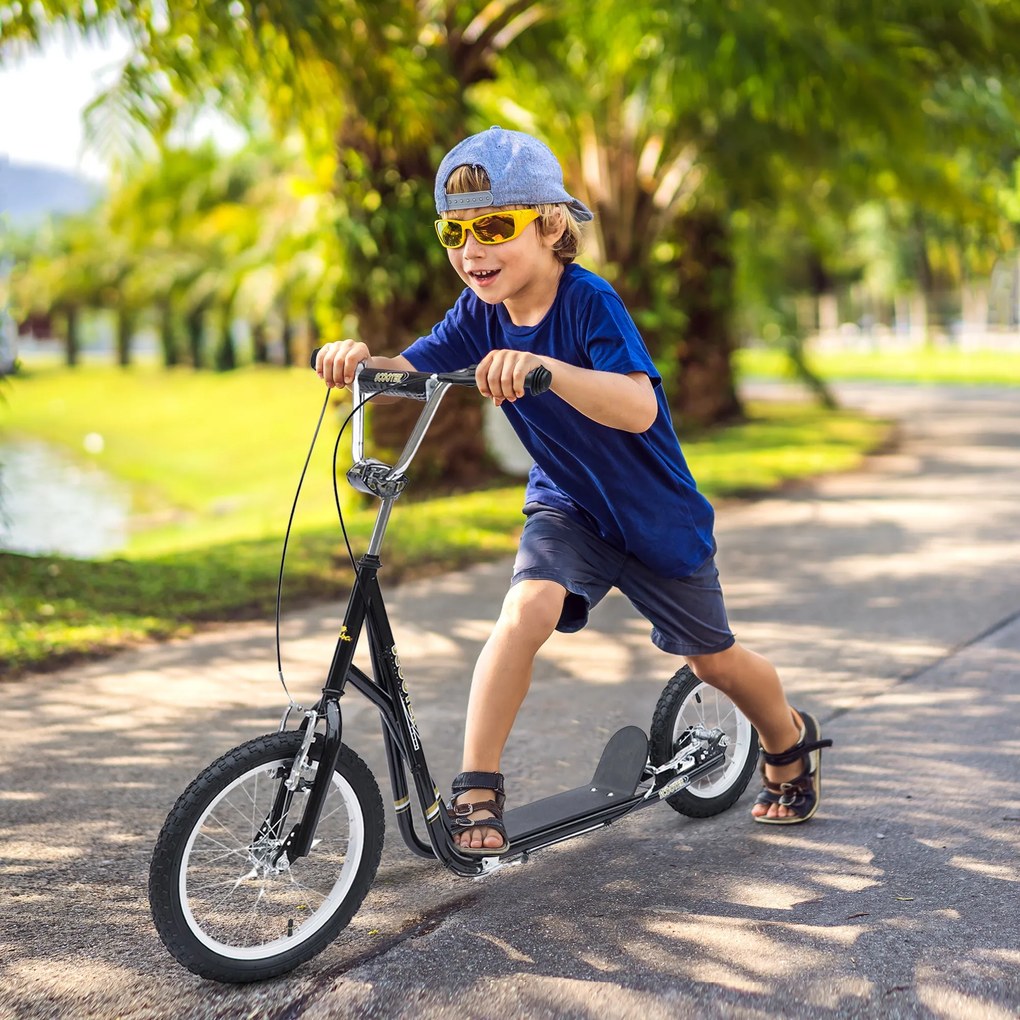 Trotinete infantil a partir dos 5 anos, pneus grandes insufláveis, guiador ajustável com punhos, travões e descanso, para adultos e crianças, aço pret