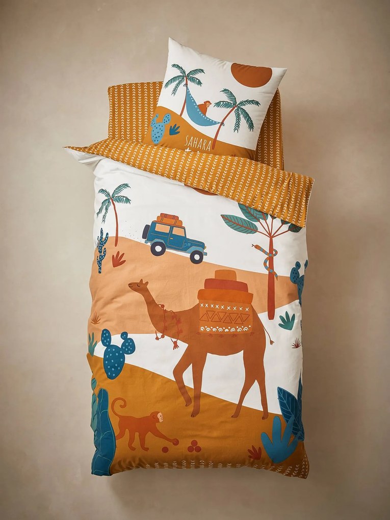 Conjunto capa de edredon + fronha de almofada para criança, Wild Sahara castanho medio liso com motivo