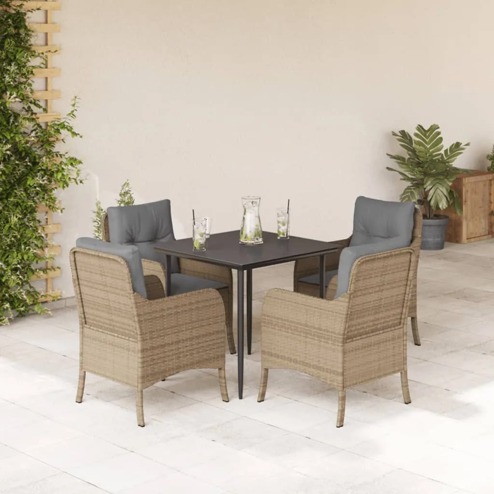 5 pcs conjunto de jantar p/ jardim com almofadões vime PE bege