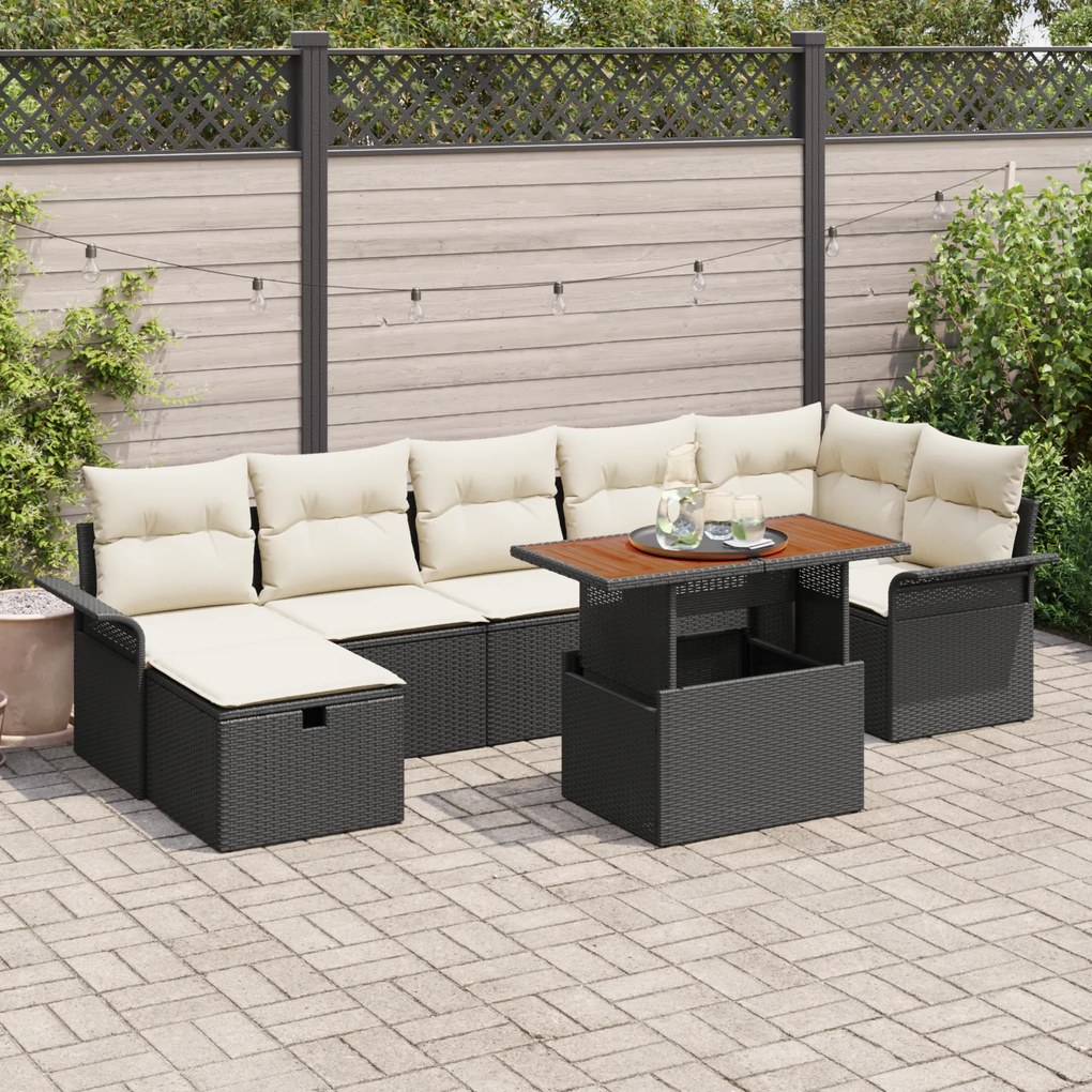vidaXL Conjunto de Sofá de Jardim de 8 Peças com Almofadas em Polirattan Preto