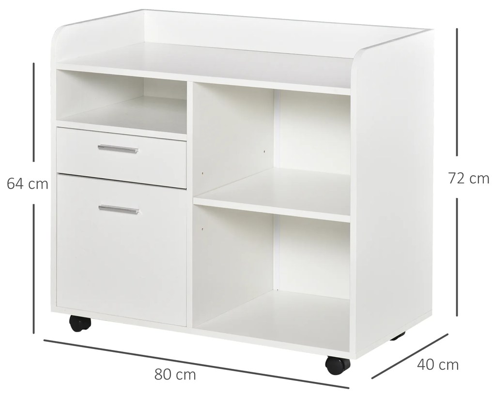 Armário para Impressora com 3 Compartimentos 2 Gavetas para Arquivos Prateleira 2 Rodas com Freios 80x40x72 cm Branco