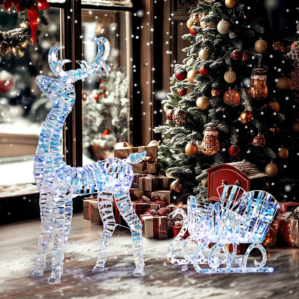 Rena e trenó de Natal iluminados 60 x 29 x 115 cm com 170 LEDs de luz branca quente, decoração de Natal para interior e exterior,