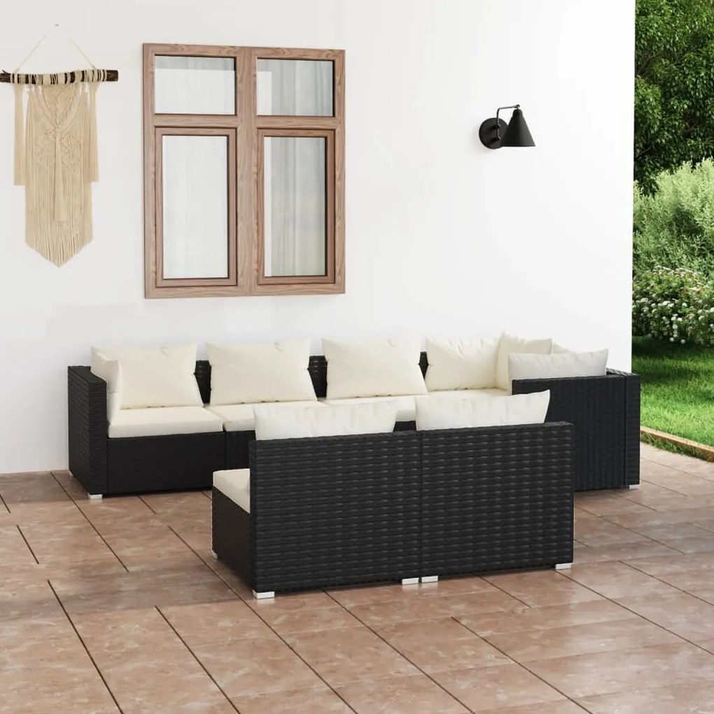 vidaXL 7 pcs conjunto lounge de jardim c/ almofadões vime PE preto