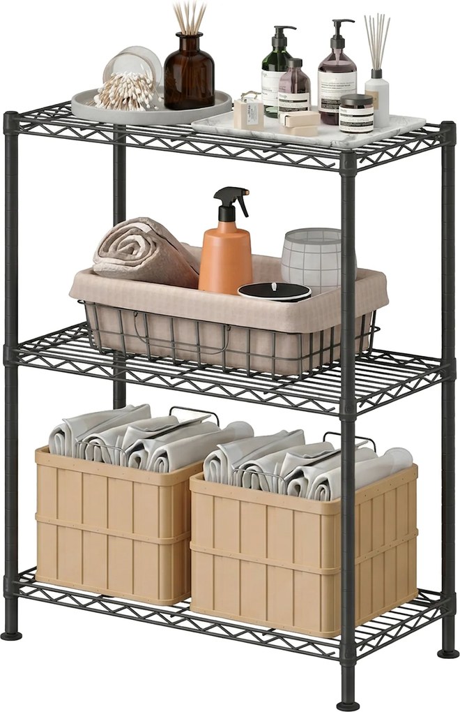 Estante de metal e plastico 30 x 60 x 77 cm, prateleiras ajustáveis, estante de arrumação com 3 níveis para garagem preto