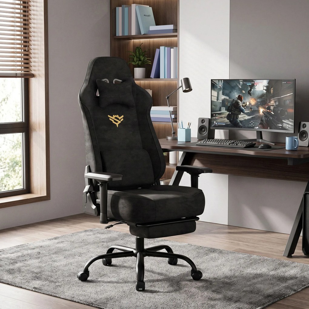 Cadeira gaming em imitação de camurça com apoio para os pés e braços 4D, até 200 kg, 72 x 72 x 125–135 cm, preta