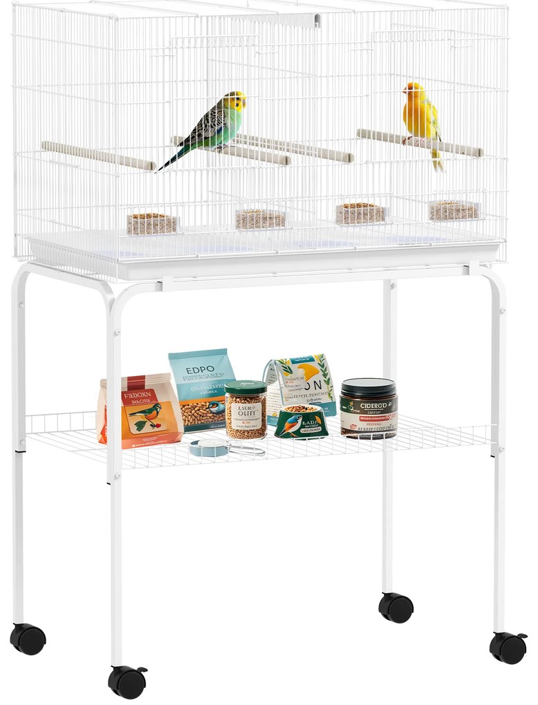 Gaiola para Pássaros com Divisória Rodas Gaiola para Aves com Comedouros Poleiros e Bandeja Removível 76x46x116 cm Branco