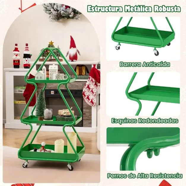 Carrinho de armazenamento em forma de árvore de Natal com 3 níveis, estrela, estrutura metálica e rodas verde