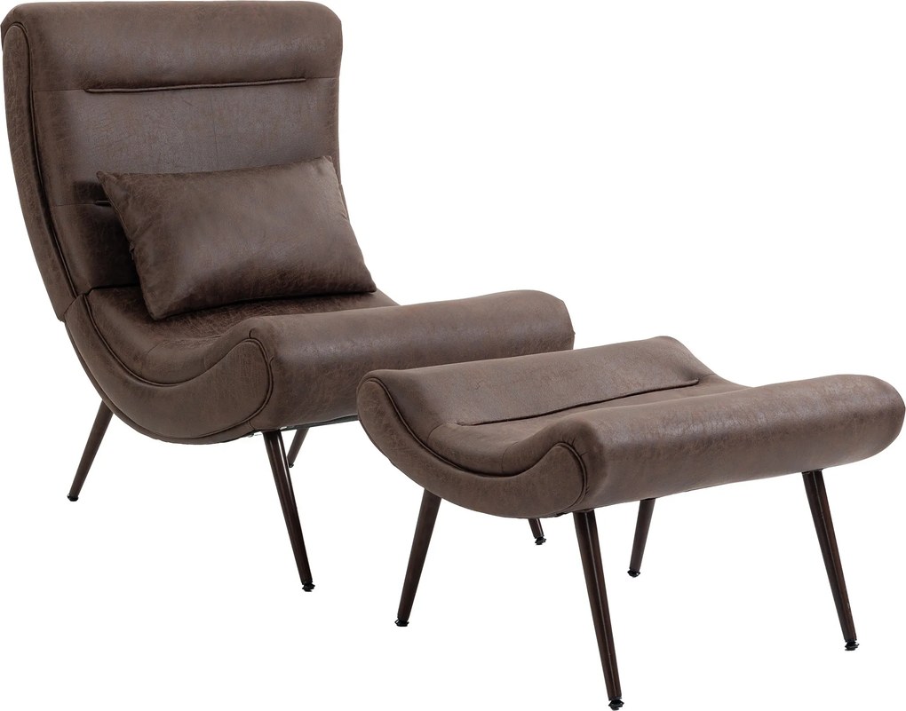 Poltrona retro com apoio para os pés, revestimento em leathaire, assento largo e almofada lombar, castanho-escuro