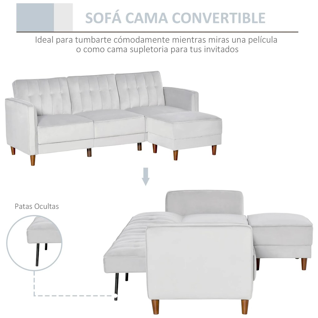HOMCOM Sofá Cama com Chaise Longue de 3 Lugares Tato Aveludado com Encosto Ajustável e Apoio para os Pés Móvel 218x85x86cm Cinza Claro