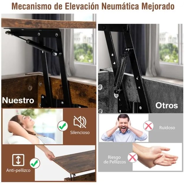 Mesa de centro com tampo de mesa elevável com estante para arrumação e 2 gavetas 106 x 74 x 61 cm Castanho rústico