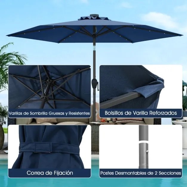 Guarda-sol LED com luzes LED Solares Sistema de inclinação com botão 230 x 230 x 225 cm Azul marinho