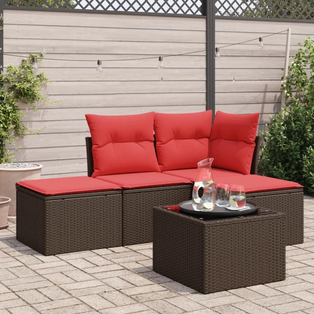 vidaXL 5 pcs conjunto sofás p/ jardim c/ almofadões vime PE castanho