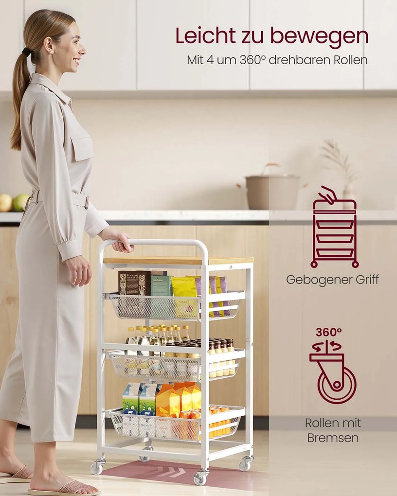 Carrinho de cozinha com vários níveis e cestos extraíveis 31,7 x 40 x 76 cm Branco