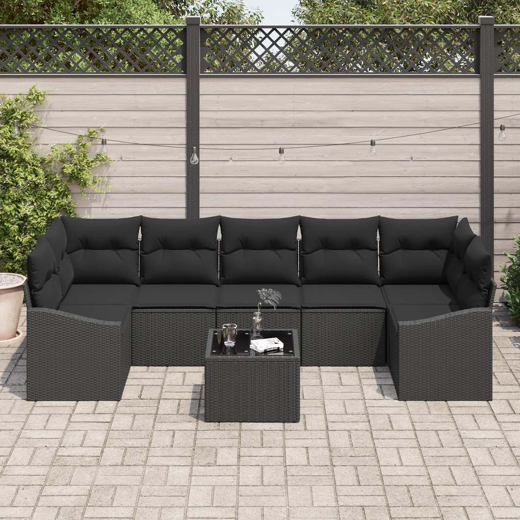Conjunto de Sofá de Jardim 8 Peças com Almofadas Preto Rattan