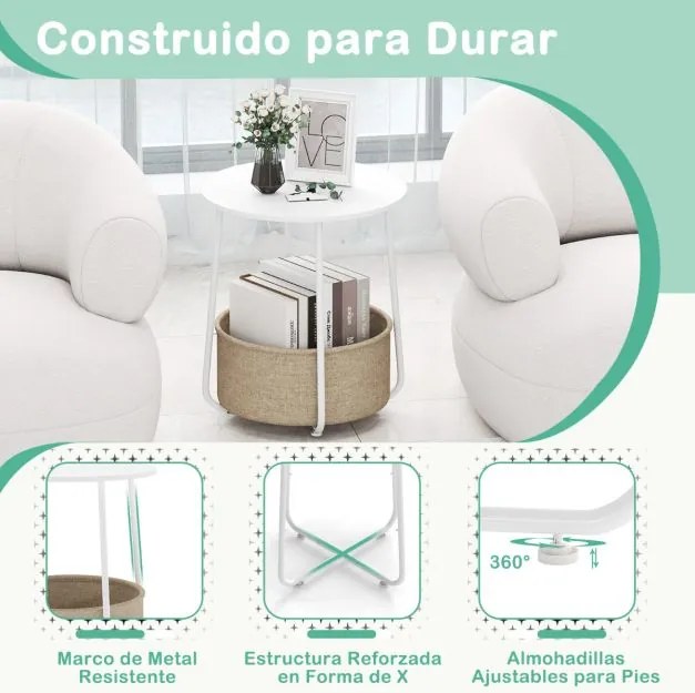 Mesa apoio, Mesa de cabeceira redonda 45 x 45 x 50,5 cm de 2 níveis com cesto de armazenamento em tecido pequena moderna Branca
