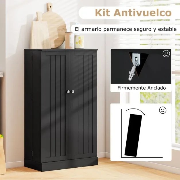 Armário despensa cozinha com 2 portas e prateleiras ajustáveis 59 x 30 x 104 cm Preto
