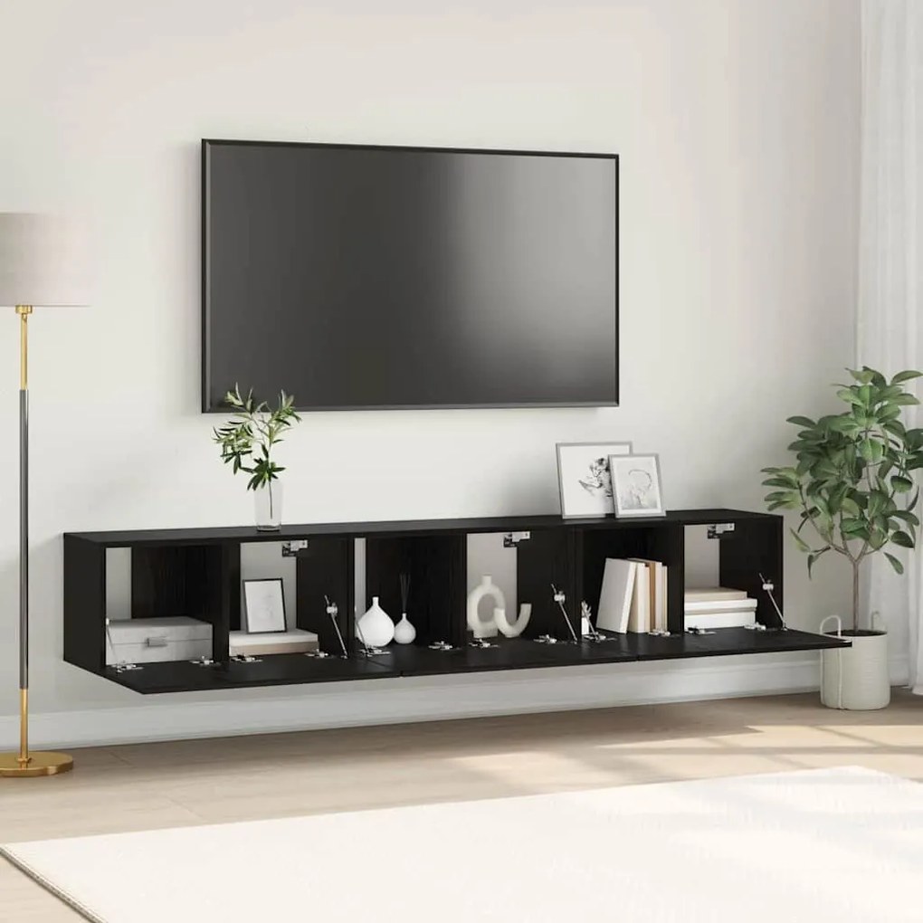 Conjunto de Gabinete de TV Carvalho Preto Madeira engenheirada