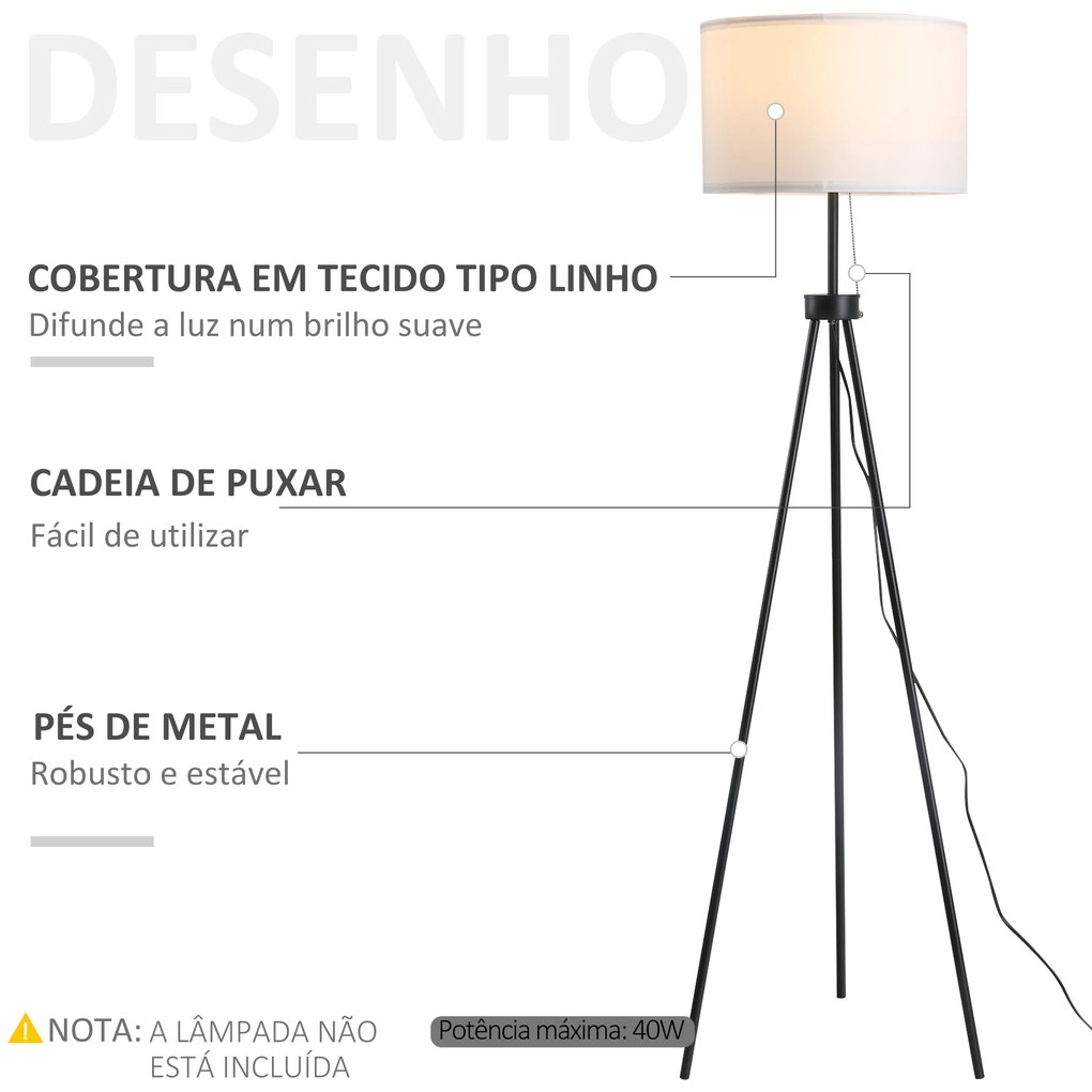 Candeeiro de Pé Moderno Candeeiro de Pé para Sala de Estar com Ecrã Redondo Tripé e Suporte para Lâmpada E27  Ø37x152 cm Branco e Preto