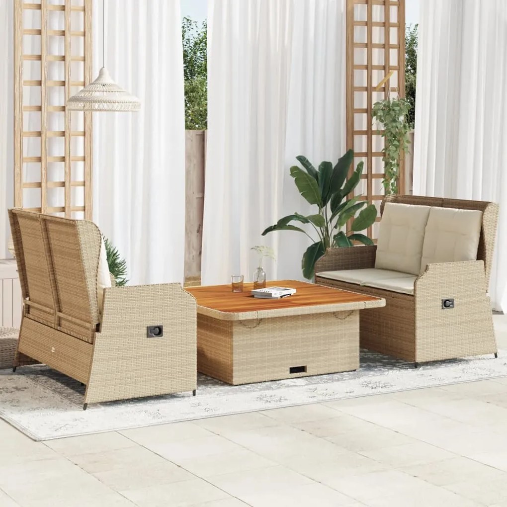 vidaXL 3 pcs conjunto lounge de jardim com almofadões vime PE bege