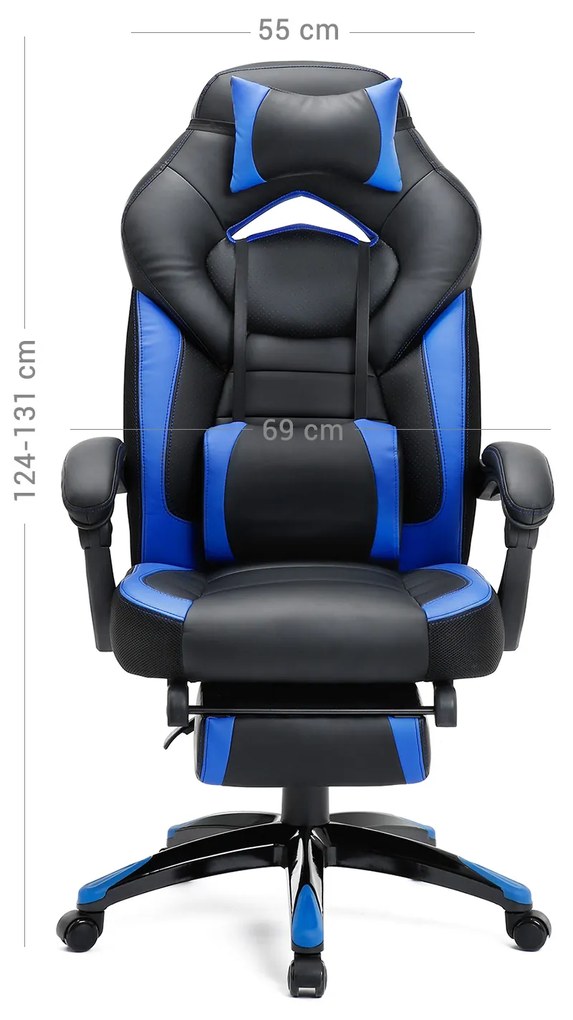 Cadeira gaming com apoio para os pés e apoio para a cabeça preto e Azul