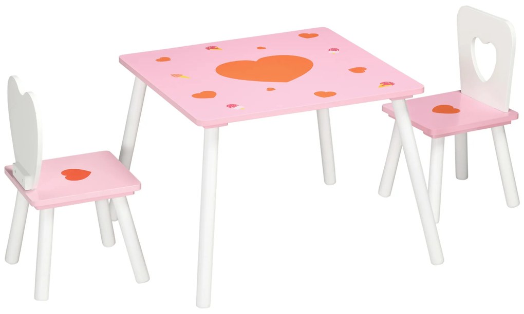 ZONEKIZ Conjunto de Mesa e 2 Cadeiras Infantil de Madeira Mesa Infantil para Crianças Acima de 18 Meses para Sala de Estar Brinquedoteca Dormitório 68x68x47cm e 30x30x51cm Rosa