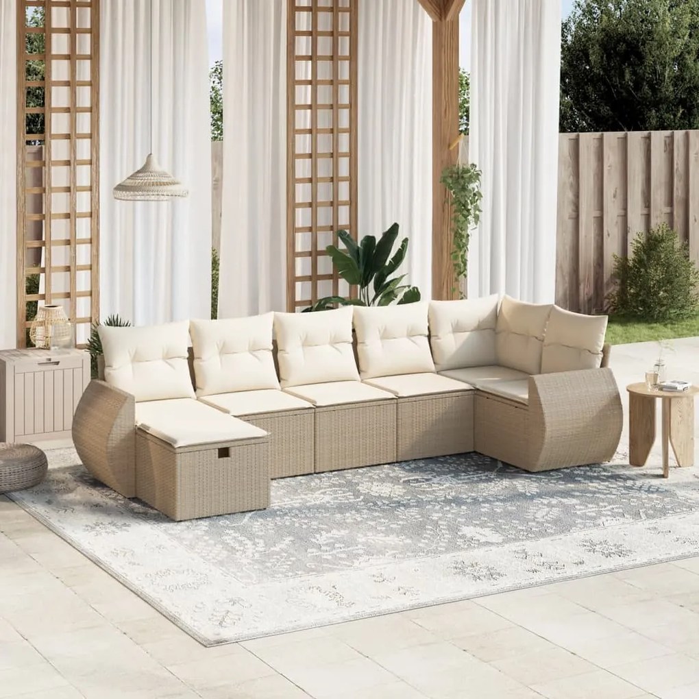 7 pcs conjunto de sofás p/ jardim com almofadões vime PE bege