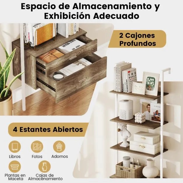 Estante de parede forma de escada com 2 gavetas com estrutura metálica Estante aberta de exposição 60 x 30 x 184 cm Branca