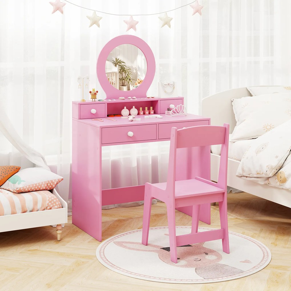 Conjunto de Toucador Infantil de Princesa com Cadeira, 70 x 40 x 110 cm, Espelho Inquebrável, Rosa