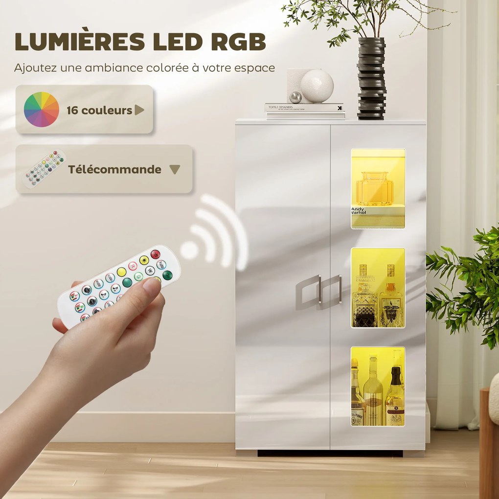 Aparador com LED RGB de 16 cores e comando à distância, acabamento de alto brilho, portas envidraçadas, prateleiras de vidro, 71 x 35 x 126 cm, branco
