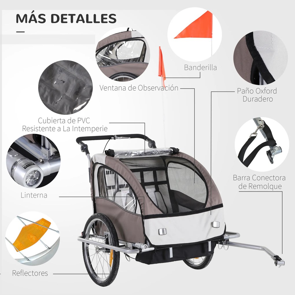 HOMCOM Reboque de Bicicleta para Crianças 2 Lugares 2 em 1 Reboque para Crianças Convertível em Carrinho com Rodas 360º Amortecedores e Guiador Ajustável Bege e Marrom