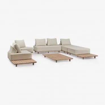 Conjunto De Jardim Com Sofá Modular De 3 Peças, Chaise Longue, Mesa Lateral, 2 Poltronas E Mesa De Centro 160x95 Cm Em Portet Marrom Acácia Claro -