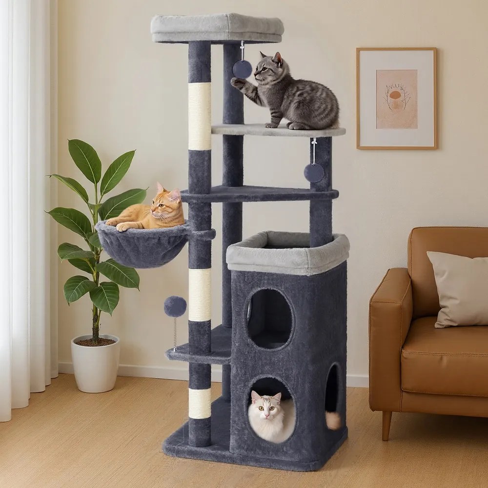 Arranhador Gatos 52 x 46 x 150 cm de vários andares com cavidades e recanto para descansar cinzento escuro