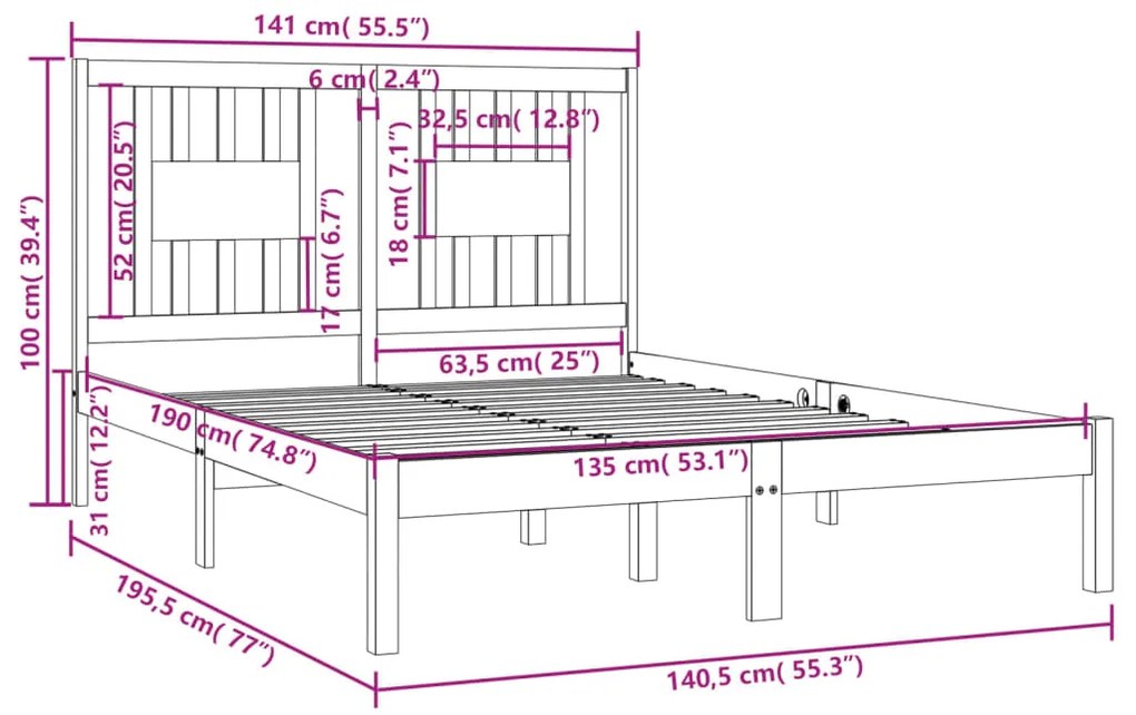 Estrutura de cama casal 135x190 cm madeira maciça