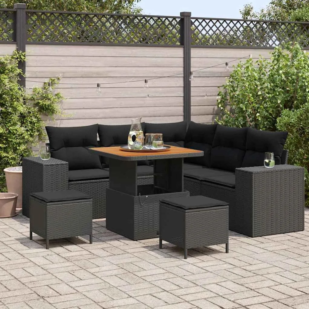 vidaXL Sofá de Jardim 8 Peças com Almofadas Pretas em Rattan Sintético e Acácia.