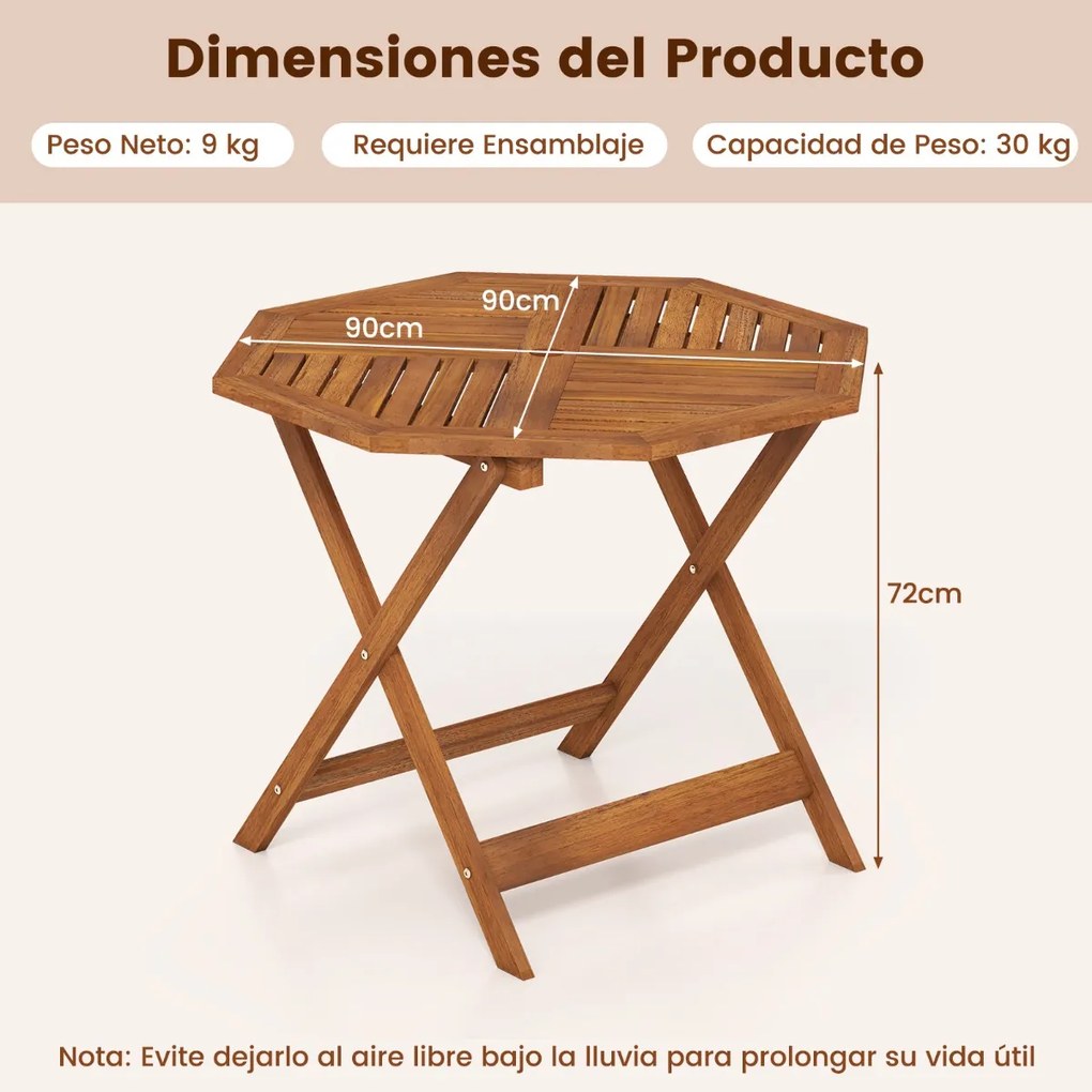 Mesa jardim de jantar em madeira maciça com orifício para guarda-sol 90 x 90 x 72 cm, tampo com ripas e acabamento em óleo de teca, para interior e ex