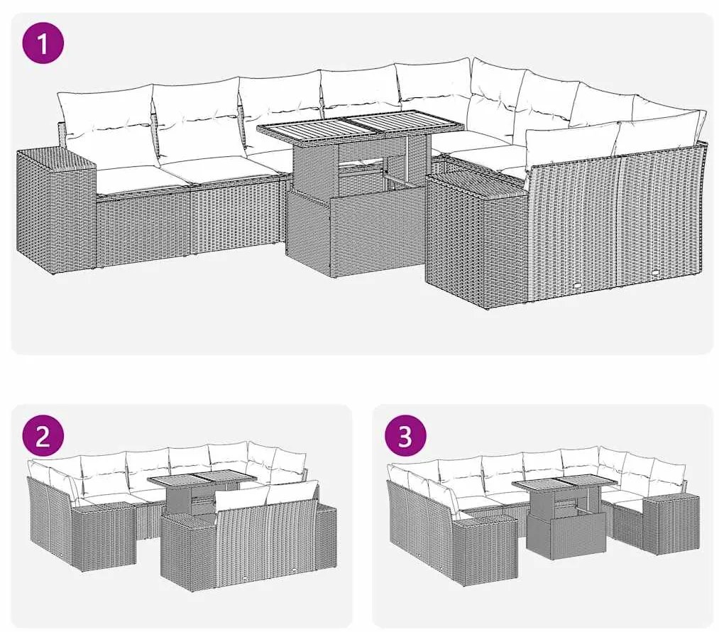 10 pcs conjunto sofás jardim c/ almofadões vime PE/acácia preto