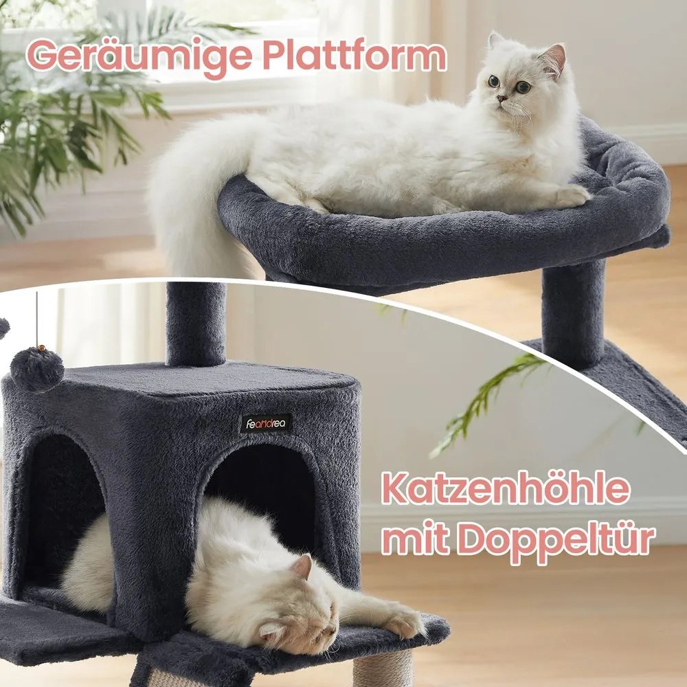 Arranhador para gatos com caverna e cesto suspenso 48,1 x 48,1 x 96,1 cm cinzento escuro