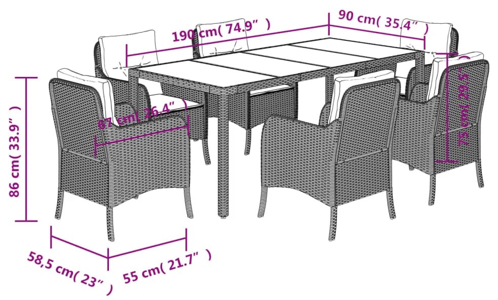 7 pcs conjunto de jantar p/ jardim c/ almofadões vime PE preto