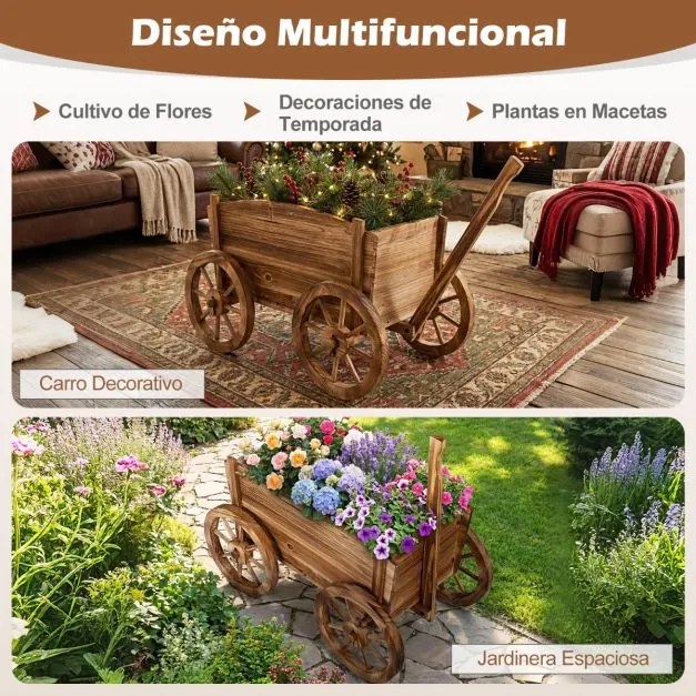 Floreira jardim em forma de carrinho de madeira 78 x 45 x 72 cm, suporte rústico para flores com rodas, alça e orifício de drenagem, ideal para vegeta