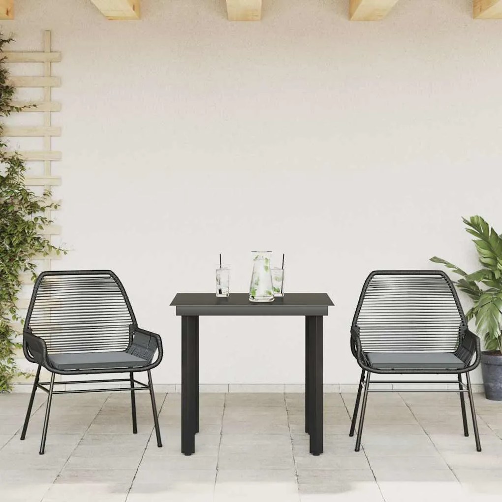 3 pcs conjunto jantar jardim almofadões vime PE vidro preto