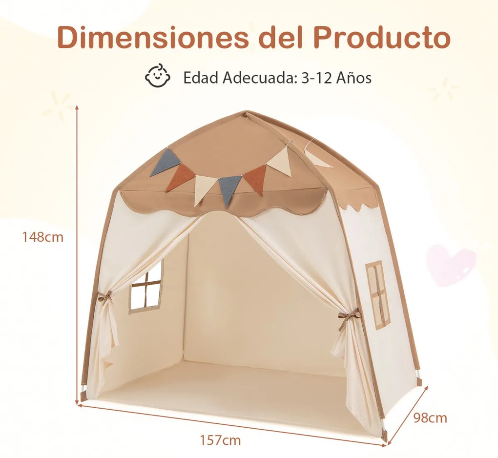 Tenda para crianças 157 x 98 x 148 cm com faixas e luzes de cordas Casa de brincar grande para crianças dos 3 aos 12 anos Castanha