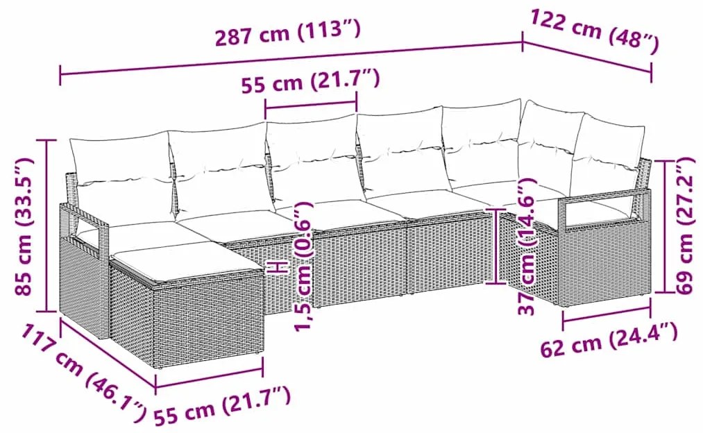Conjunto de sofá de jardim de 7 peças com almofadas em rattan sintétic