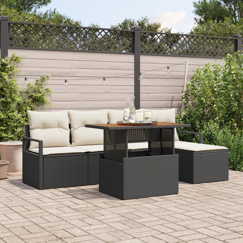 Conjunto de Sofá de Jardim vidaXL 6 Peças com Almofadas Rattan Preto Acácia
