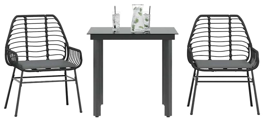 3 pcs conjunto jantar jardim almofadões vime PE vidro preto