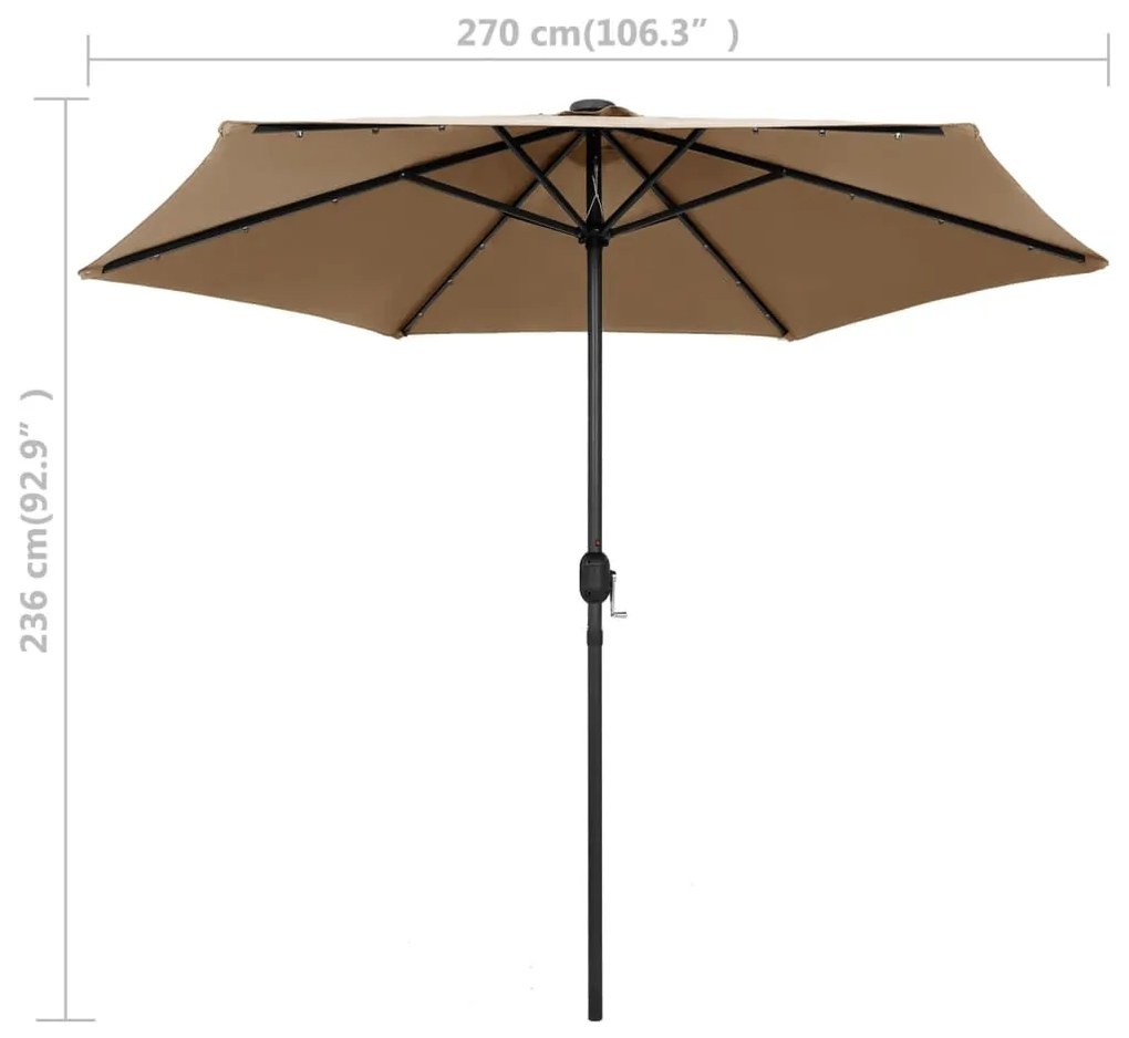 Guarda-sol c/ luzes LED/poste alumínio 270 cm cinza-acastanhado